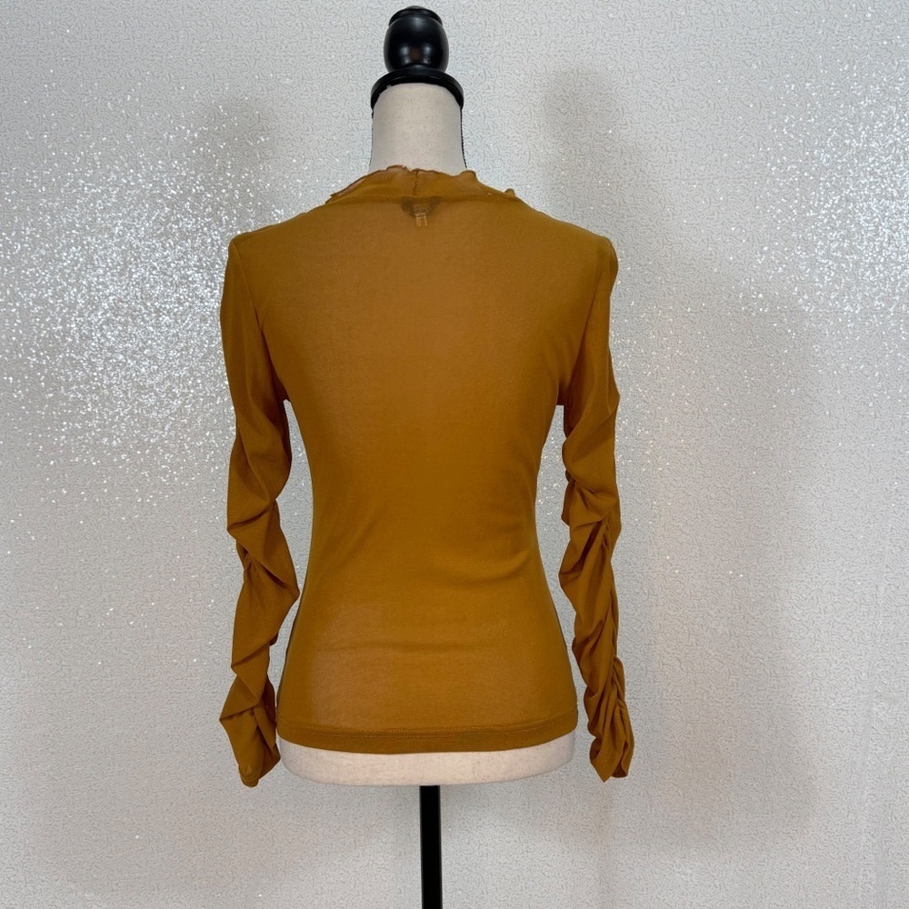 BRACHA Mustard Sheer Mesh Ruched Long Sleeve Top Women’s Medium Stretch V Neck - Picture 8 of 11